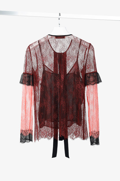 Twinset Burgundy & Pink Lace Ruffle Tie-Neck Blouse