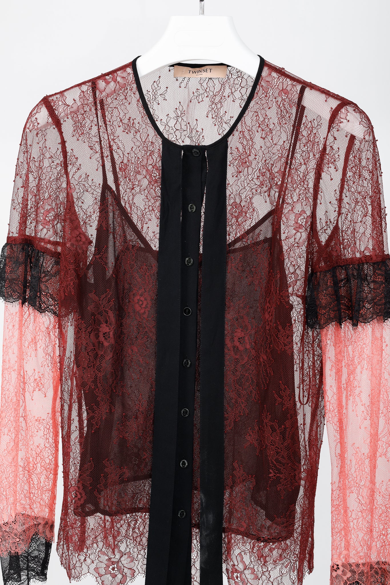 Twinset Burgundy & Pink Lace Ruffle Tie-Neck Blouse