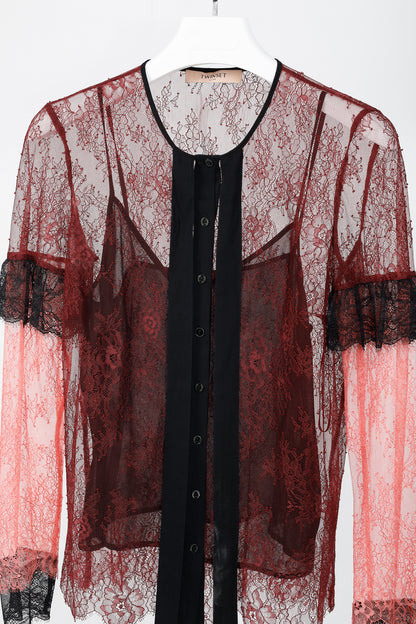 Twinset Burgundy & Pink Lace Ruffle Tie-Neck Blouse