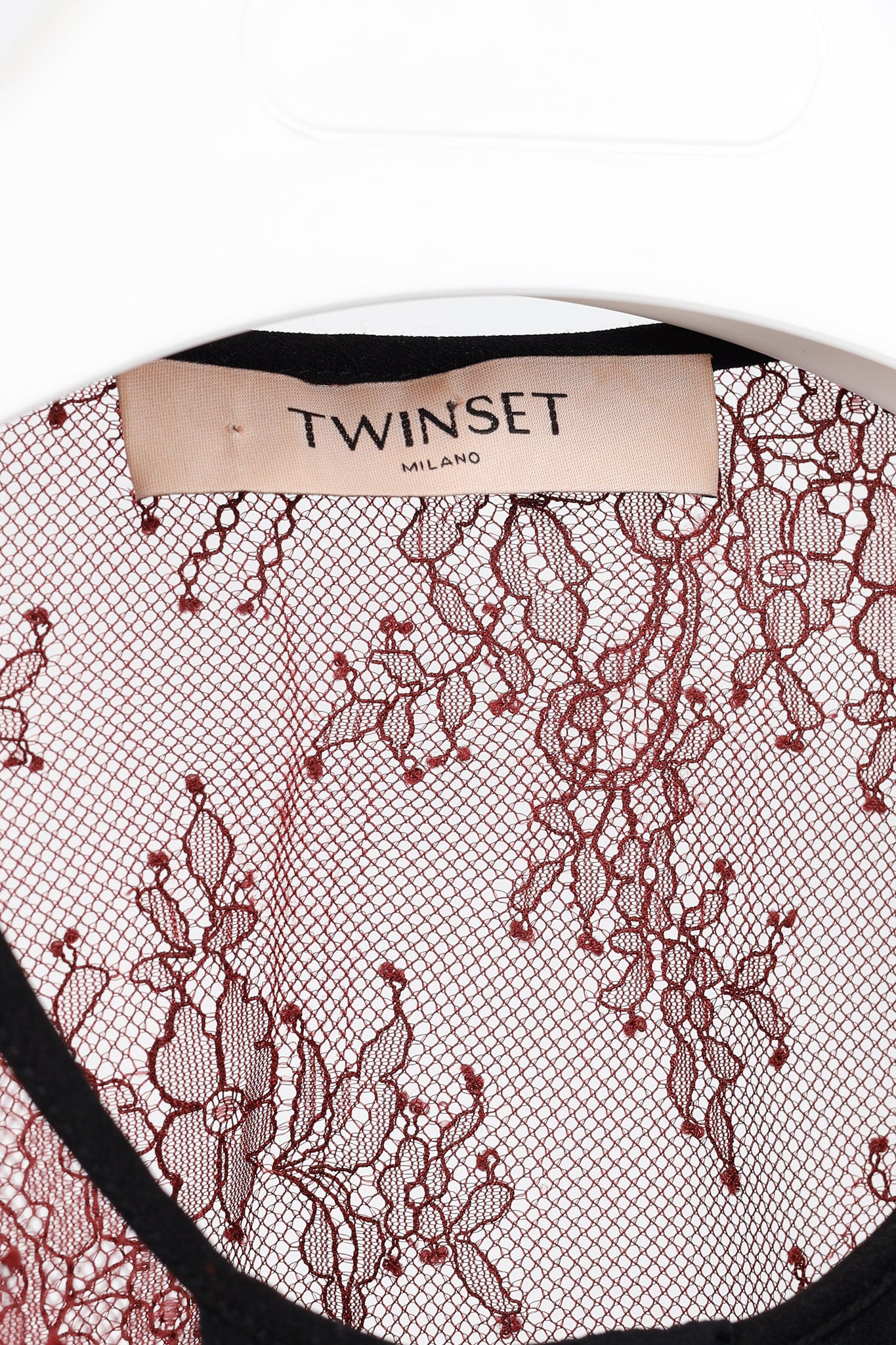 Twinset Burgundy & Pink Lace Ruffle Tie-Neck Blouse
