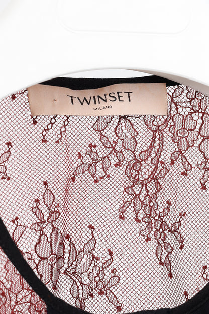 Twinset Burgundy & Pink Lace Ruffle Tie-Neck Blouse