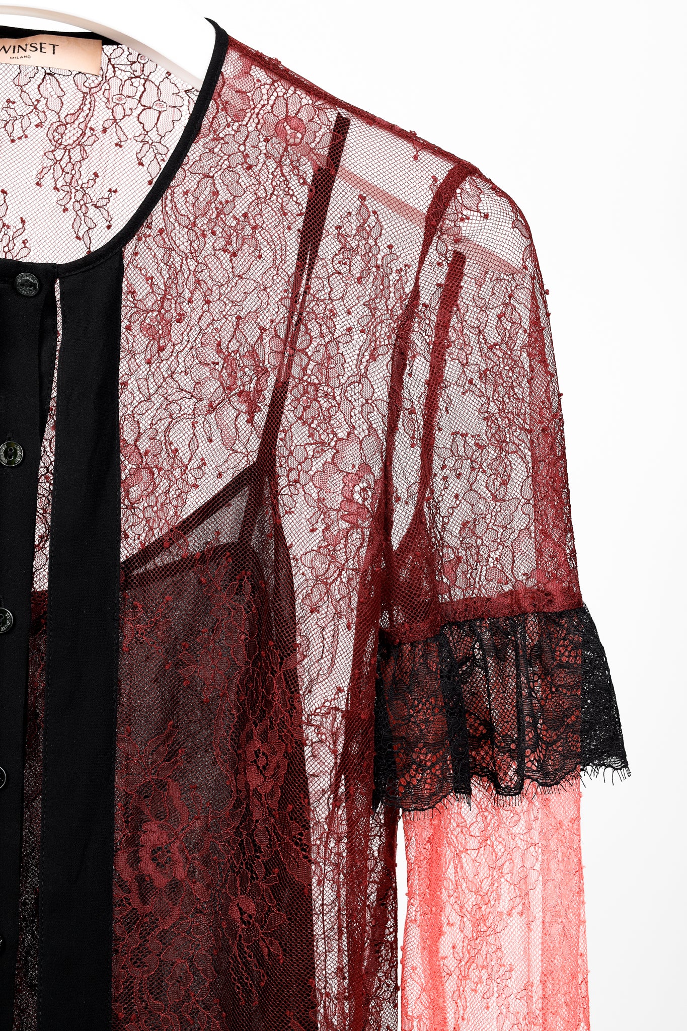 Twinset Burgundy & Pink Lace Ruffle Tie-Neck Blouse