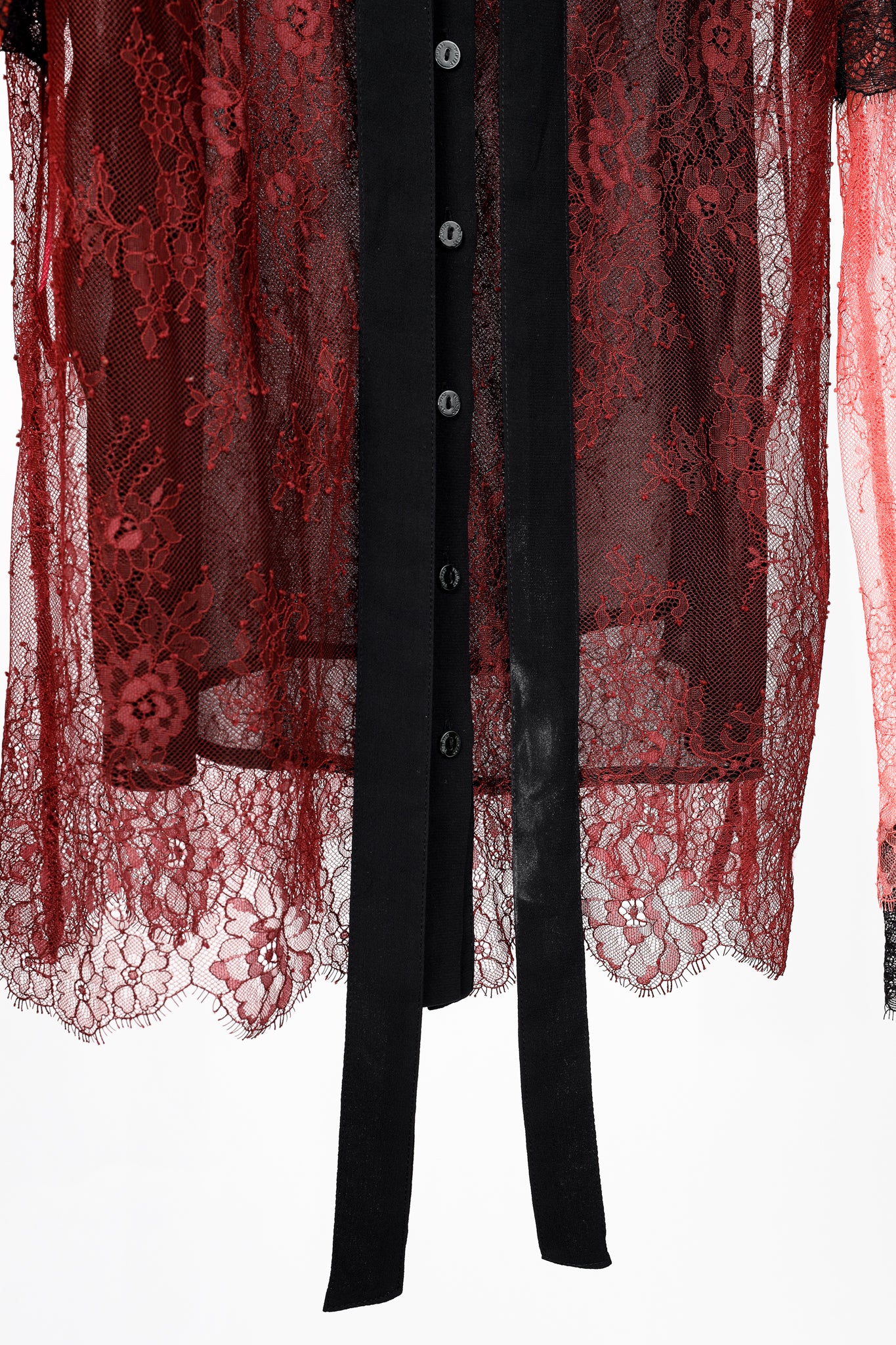 Twinset Burgundy & Pink Lace Ruffle Tie-Neck Blouse