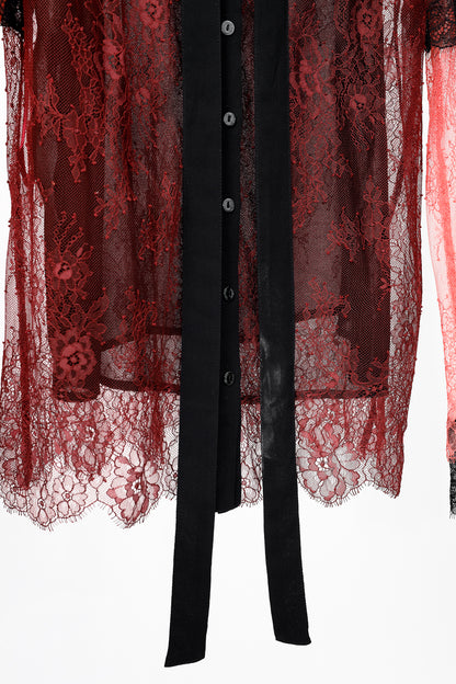 Twinset Burgundy & Pink Lace Ruffle Tie-Neck Blouse