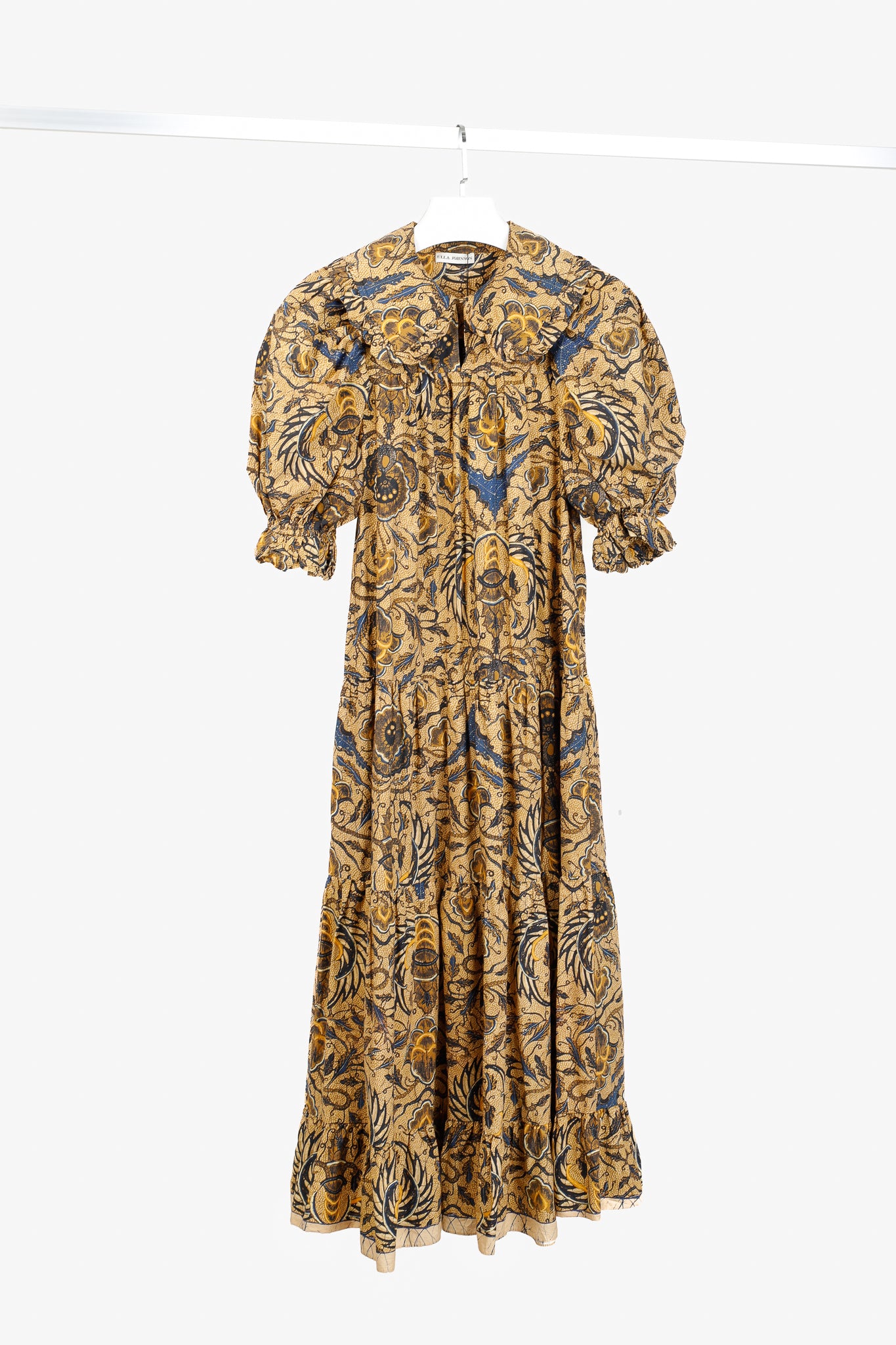 Ulla Johnson Fall'21 Rosalind Brown & Blue Batik Print Puff Sleeve Ruffled Maxi Dress