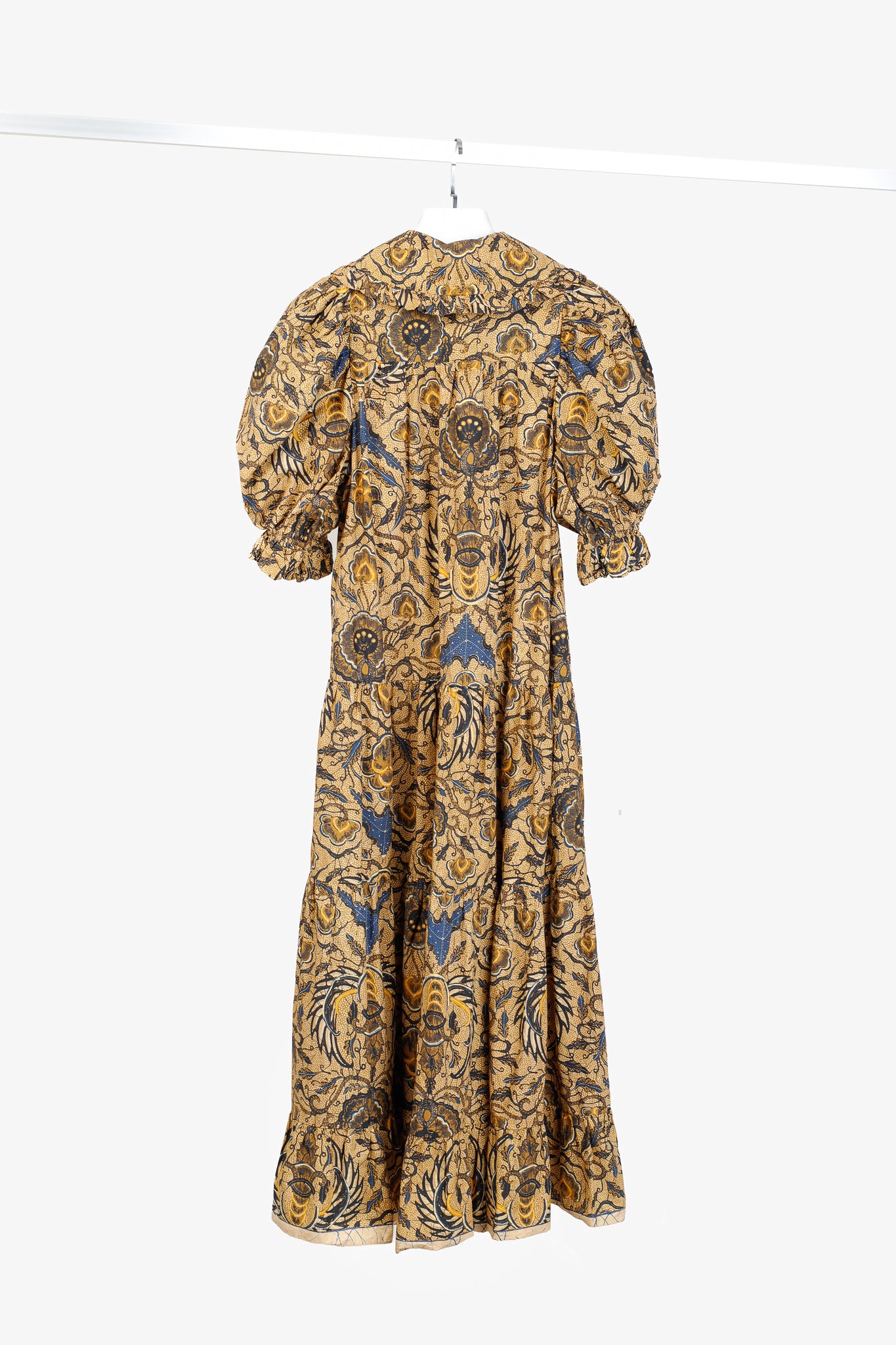 Ulla Johnson Fall'21 Rosalind Brown & Blue Batik Print Puff Sleeve Ruffled Maxi Dress