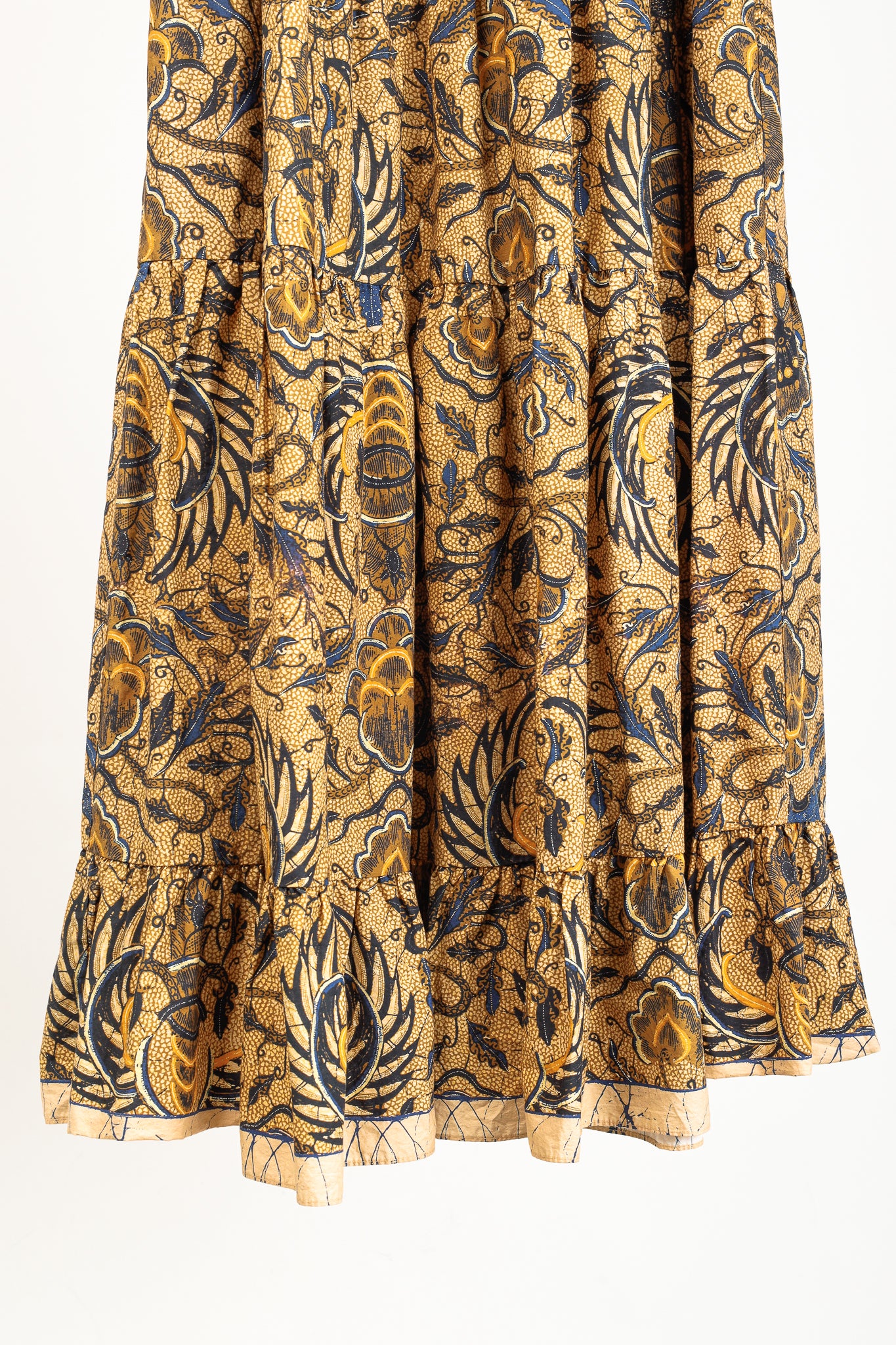 Ulla Johnson Fall'21 Rosalind Brown & Blue Batik Print Puff Sleeve Ruffled Maxi Dress