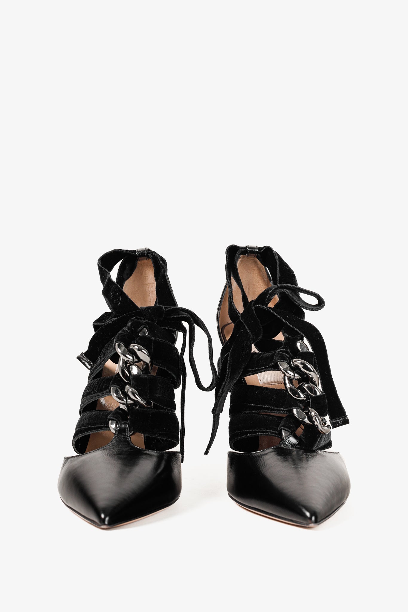 Valentino Garavani Velvet Straps Chain Ankle Strap Black Leather Pumps