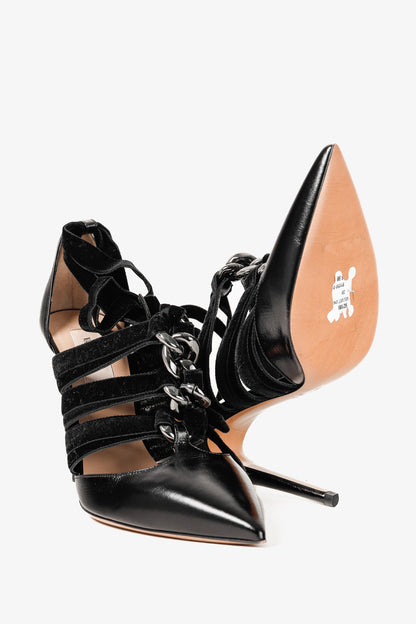 Valentino Garavani Velvet Straps Chain Ankle Strap Black Leather Pumps