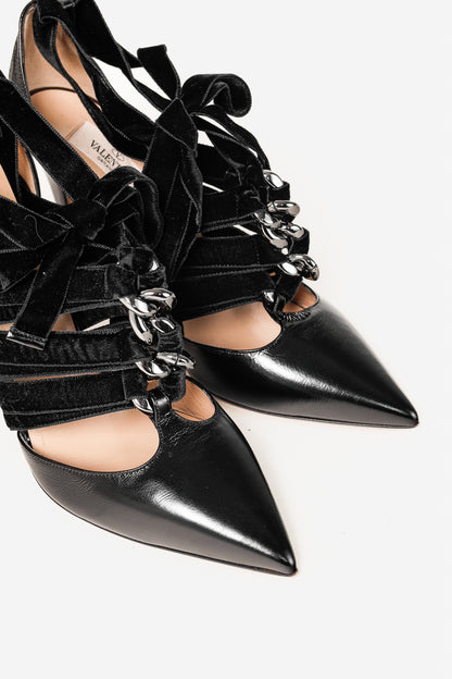 Valentino Garavani Velvet Straps Chain Ankle Strap Black Leather Pumps