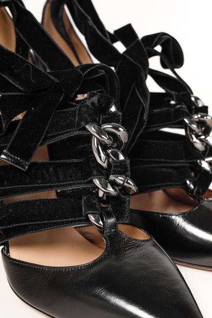 Valentino Garavani Velvet Straps Chain Ankle Strap Black Leather Pumps