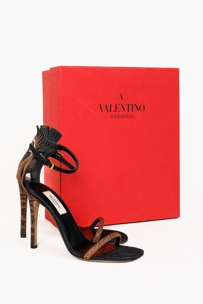 Valentino Glam Mask Brown Tribe Crystal-Embellished Suede Sandals