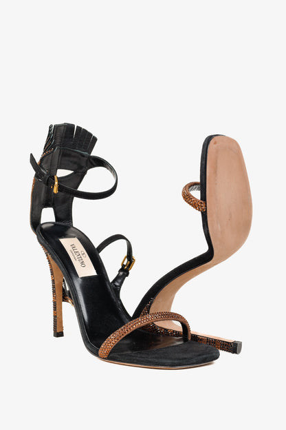 Valentino Glam Mask Brown Tribe Crystal-Embellished Suede Sandals