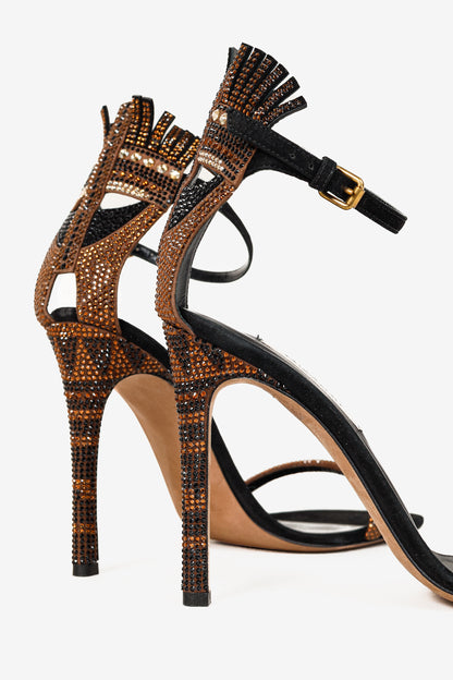 Valentino Glam Mask Brown Tribe Crystal-Embellished Suede Sandals