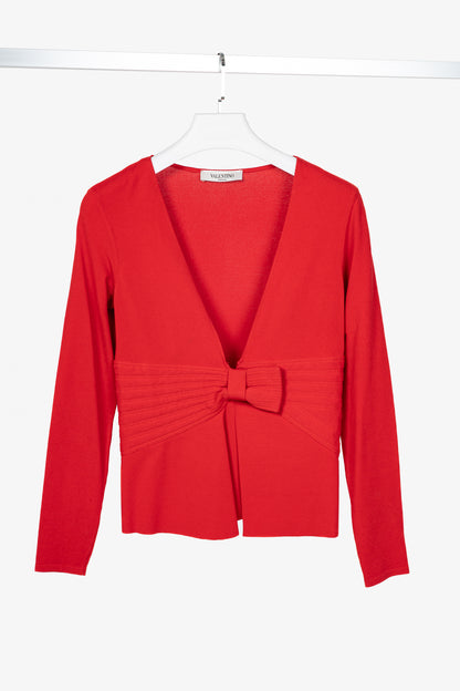 Valentino Red Viscose-Knit Bow-Waist Cardigan