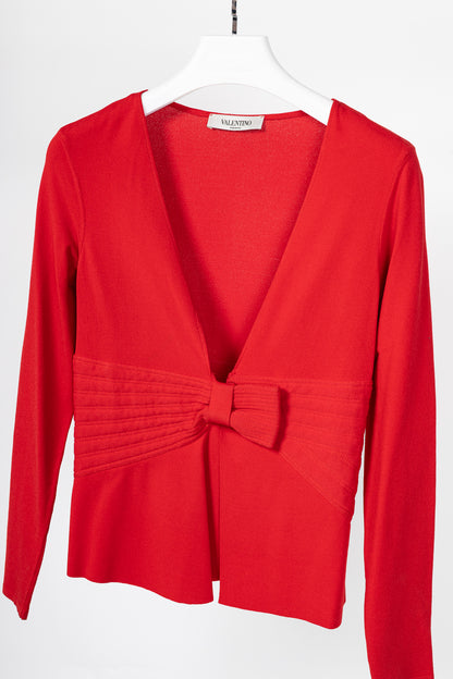 Valentino Red Viscose-Knit Bow-Waist Cardigan