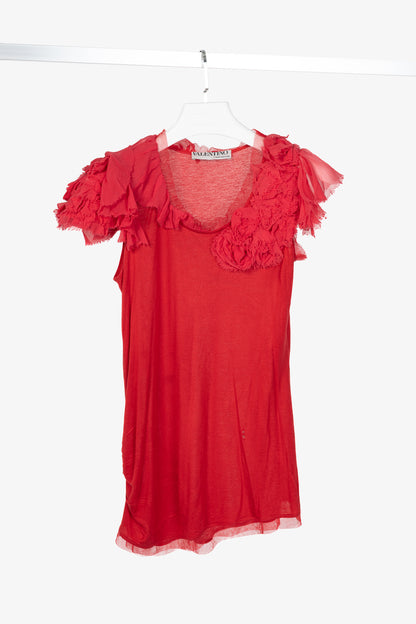 Valentino T-Shirt Couture Red Jersey Rosette Flutter-Sleeve T-Shirt