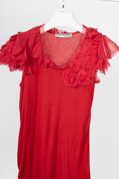 Valentino T-Shirt Couture Red Jersey Rosette Flutter-Sleeve T-Shirt