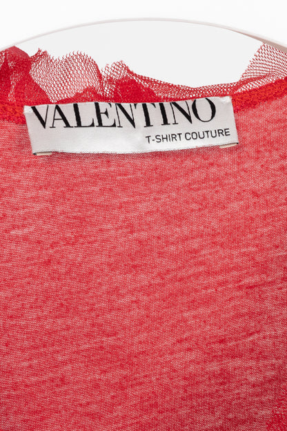 Valentino T-Shirt Couture Red Jersey Rosette Flutter-Sleeve T-Shirt