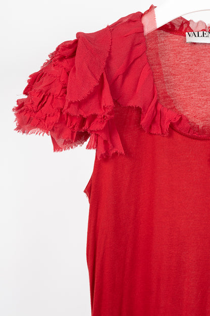 Valentino T-Shirt Couture Red Jersey Rosette Flutter-Sleeve T-Shirt