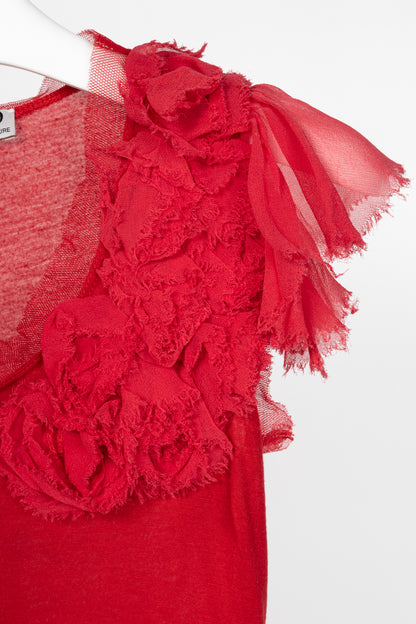 Valentino T-Shirt Couture Red Jersey Rosette Flutter-Sleeve T-Shirt