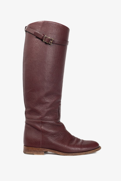 Valentino Garavani Burgundy Pebbled-Leather Rockstud-Buckle Riding Boots