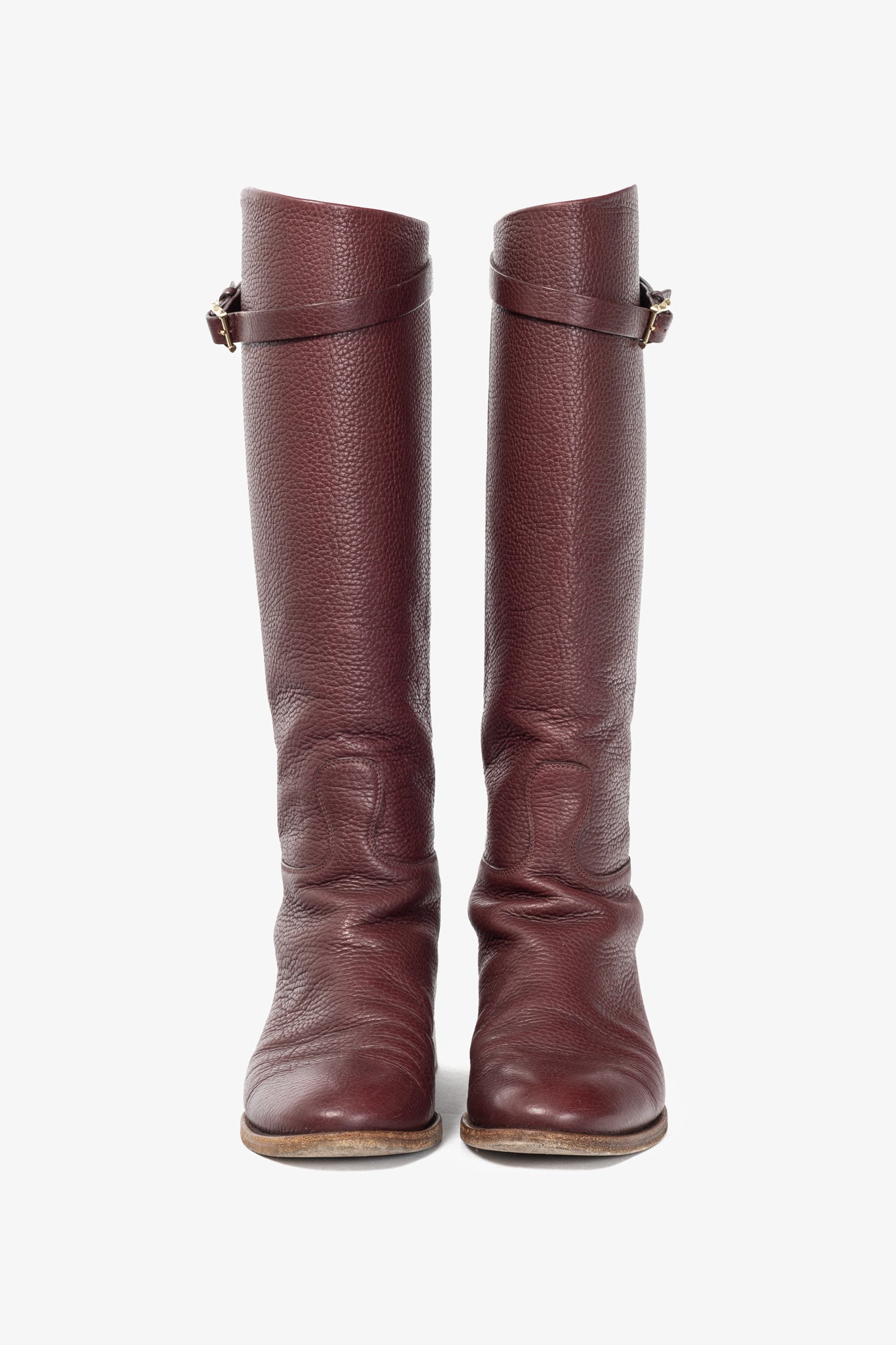 Valentino Garavani Burgundy Pebbled-Leather Rockstud-Buckle Riding Boots