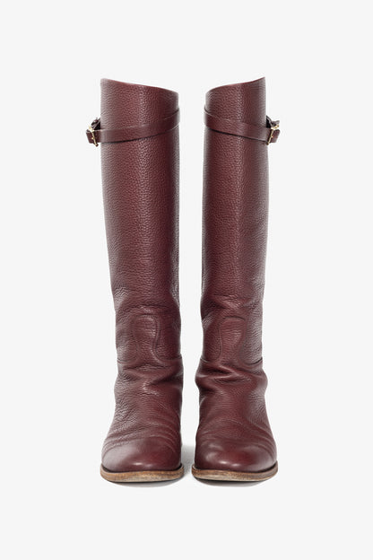 Valentino Garavani Burgundy Pebbled-Leather Rockstud-Buckle Riding Boots