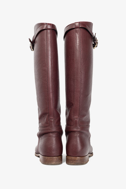 Valentino Garavani Burgundy Pebbled-Leather Rockstud-Buckle Riding Boots