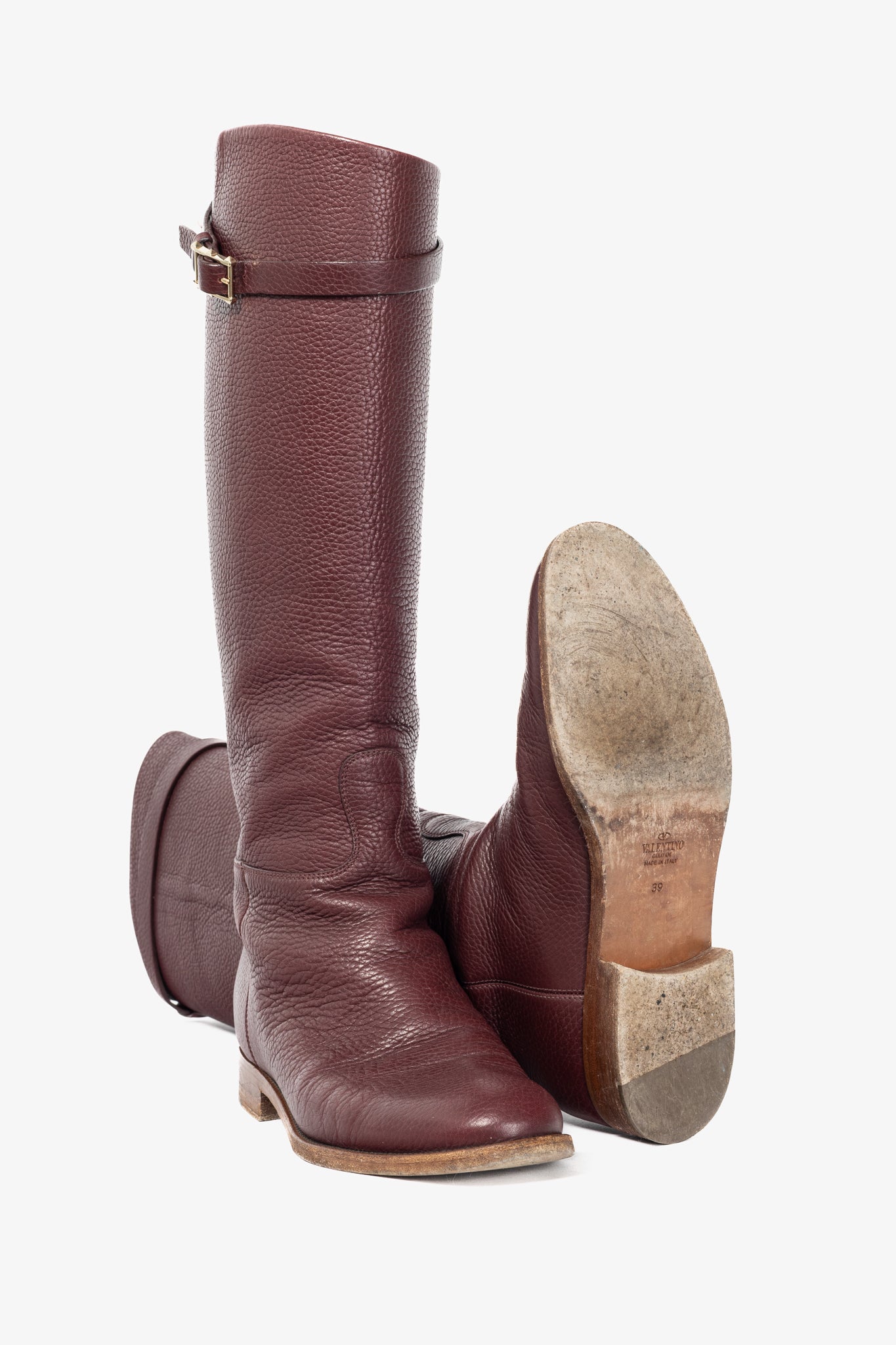 Valentino Garavani Burgundy Pebbled-Leather Rockstud-Buckle Riding Boots