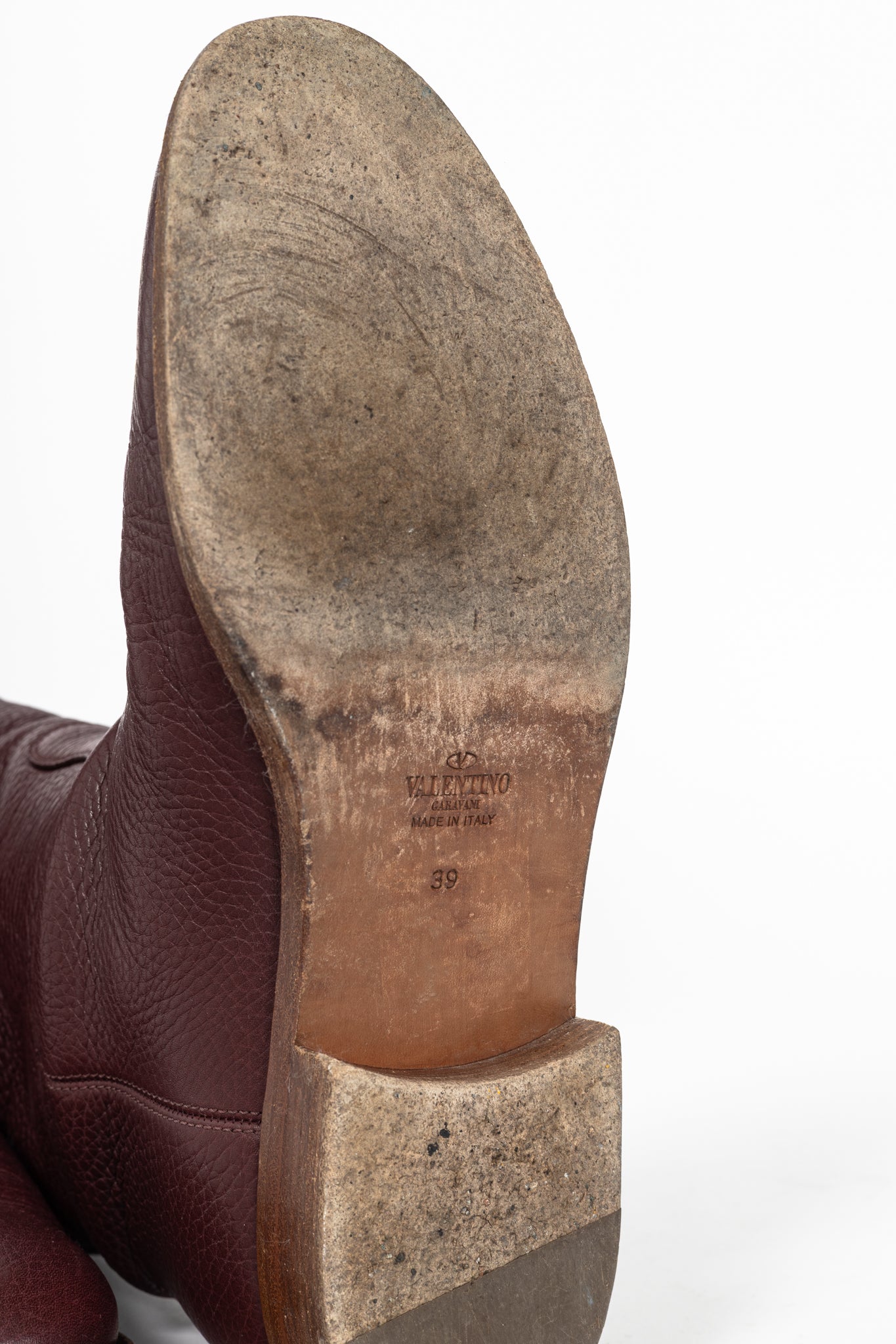 Valentino Garavani Burgundy Pebbled-Leather Rockstud-Buckle Riding Boots