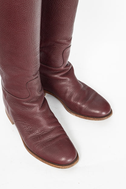 Valentino Garavani Burgundy Pebbled-Leather Rockstud-Buckle Riding Boots