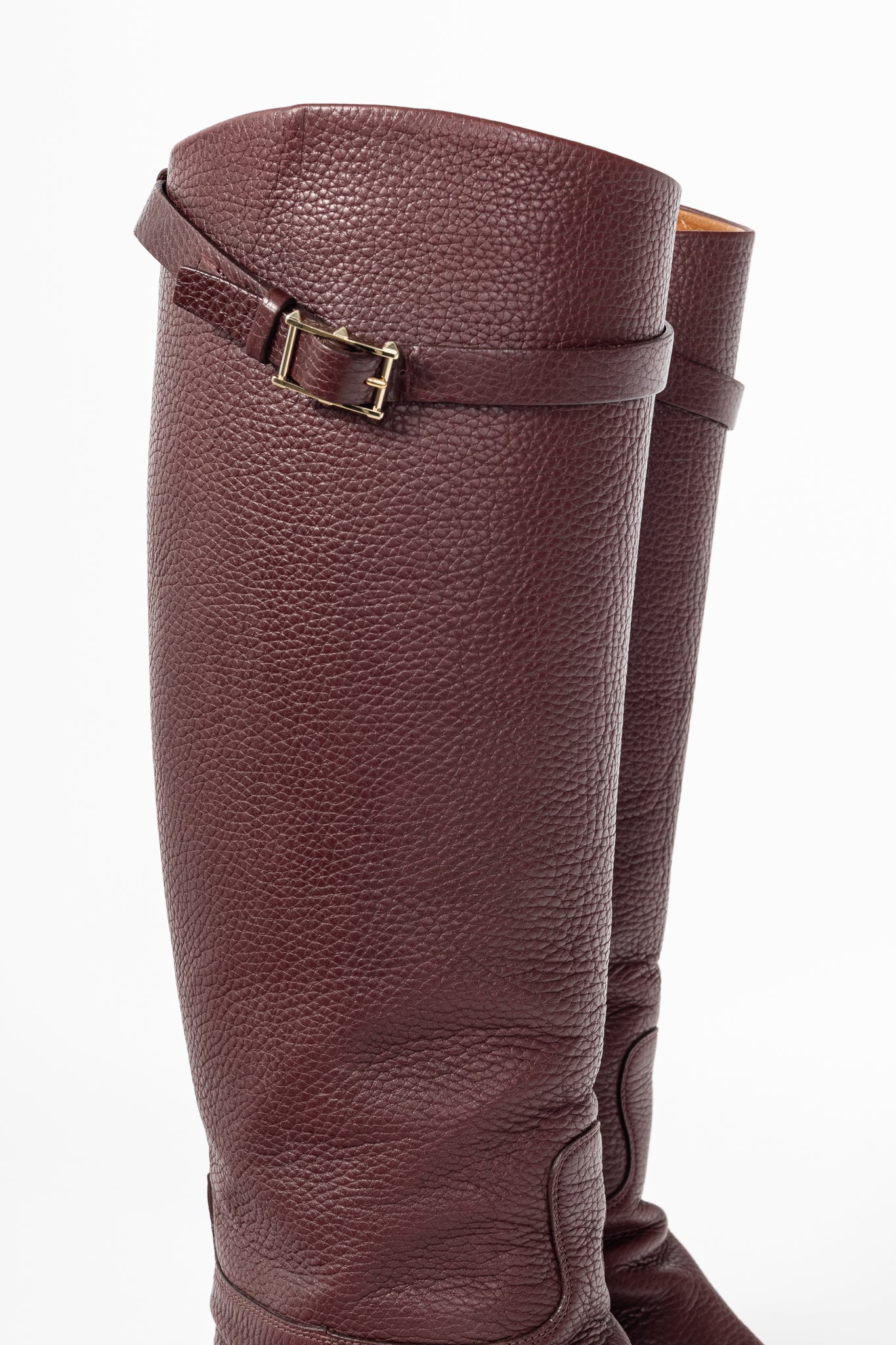 Valentino Garavani Burgundy Pebbled-Leather Rockstud-Buckle Riding Boots
