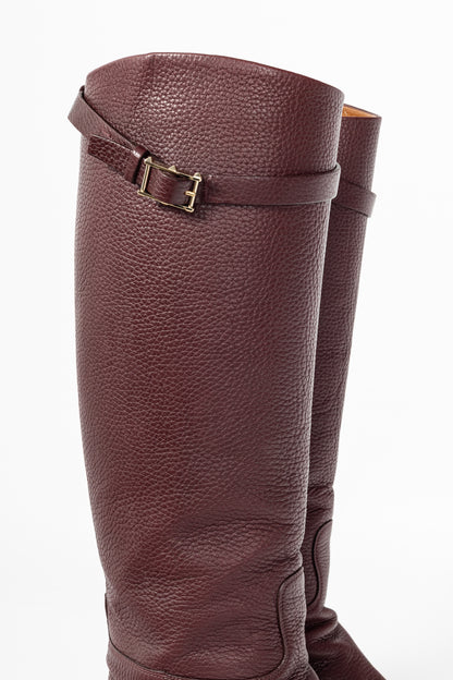 Valentino Garavani Burgundy Pebbled-Leather Rockstud-Buckle Riding Boots