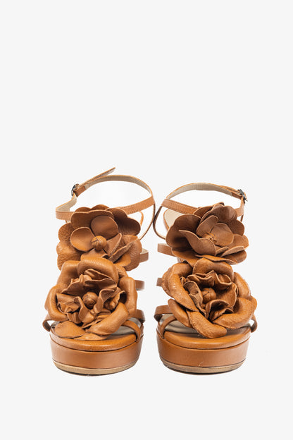 Valentino Garavani Brown Leather Rosette Platform Sandals