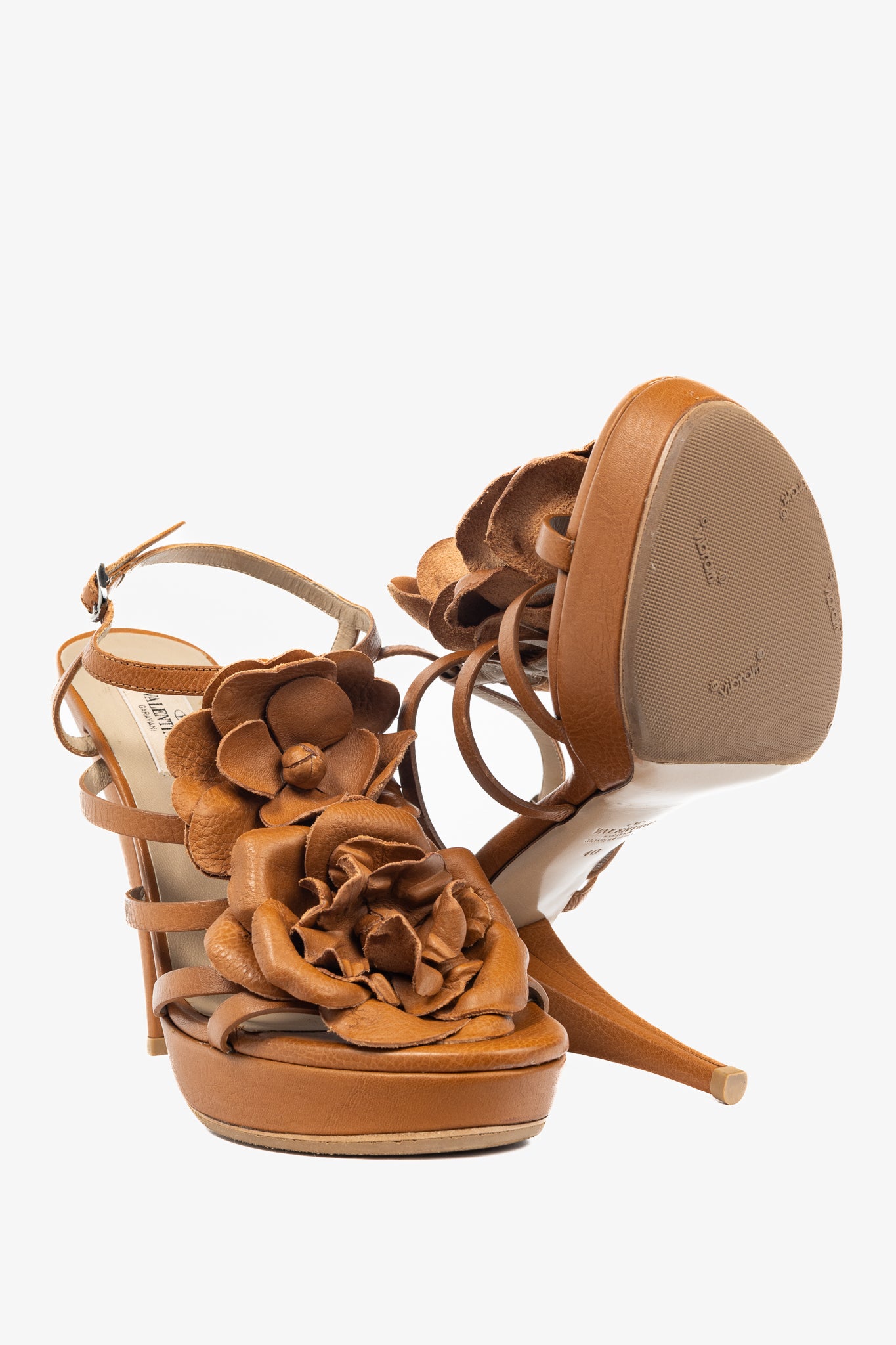 Valentino Garavani Brown Leather Rosette Platform Sandals