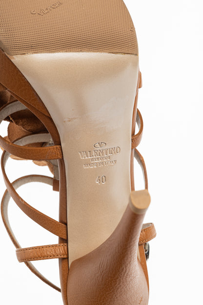 Valentino Garavani Brown Leather Rosette Platform Sandals