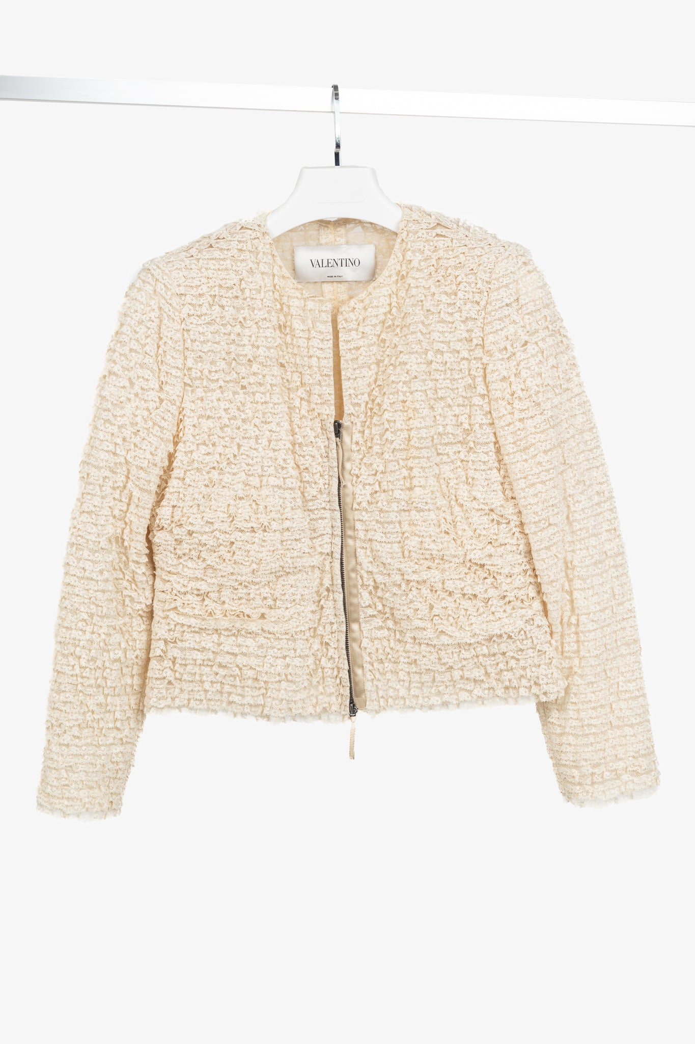 Valentino Cream Lace-Ruffle Zip Jacket