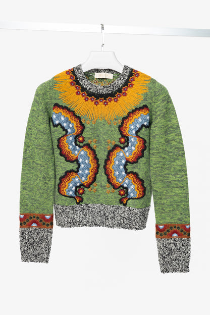 Valentino PF16 Enchanted Wonderland Green Embroidered Wool Sweater