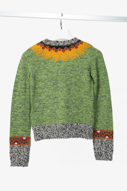 Valentino PF16 Enchanted Wonderland Green Embroidered Wool Sweater