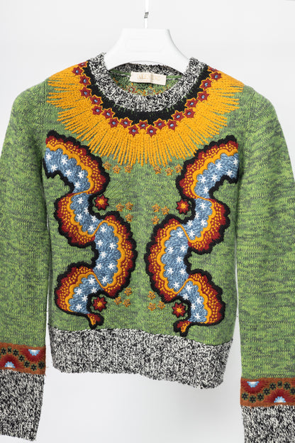 Valentino PF16 Enchanted Wonderland Green Embroidered Wool Sweater