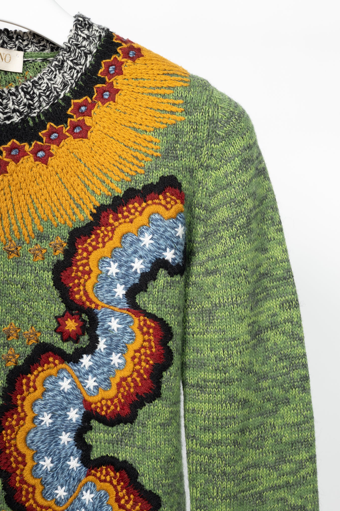 Valentino PF16 Enchanted Wonderland Green Embroidered Wool Sweater