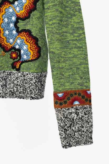 Valentino PF16 Enchanted Wonderland Green Embroidered Wool Sweater