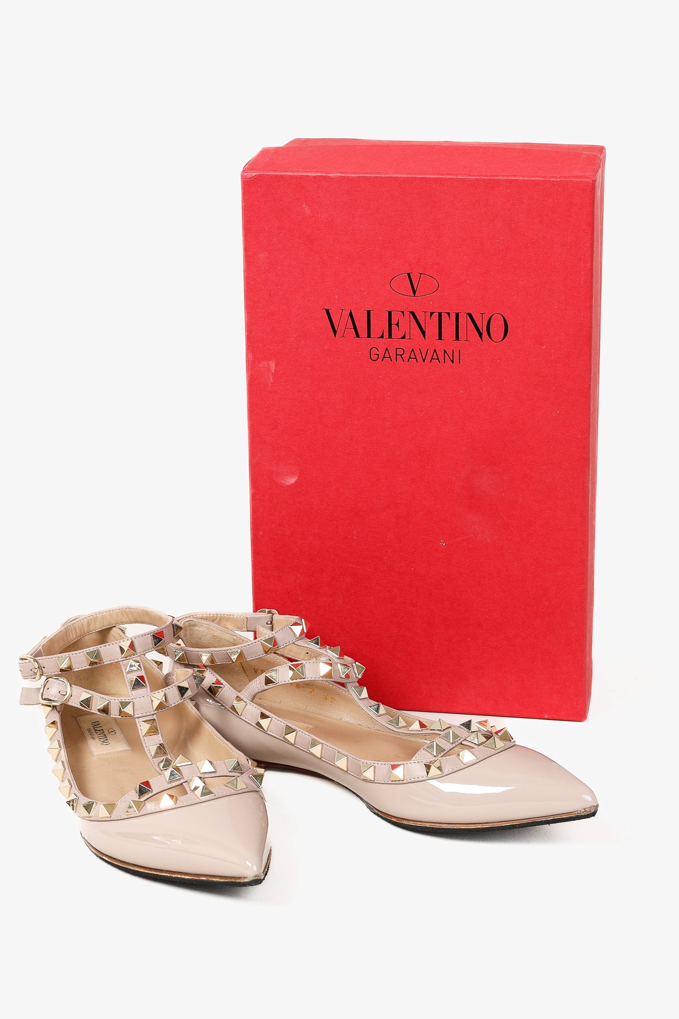 Valentino Garavani Poudre Rockstud Patent Leather Ankle Strap Ballerina Flats