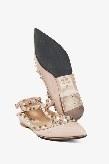 Valentino Garavani Poudre Rockstud Patent Leather Ankle Strap Ballerina Flats