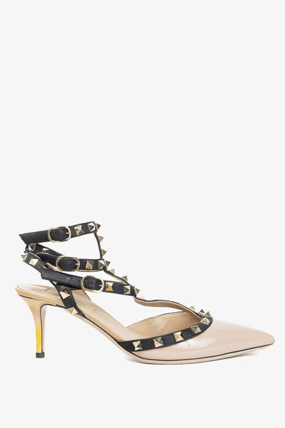 Valentino Garavani Rockstud 65 Poudre & Noir Patent Leather Caged Heels