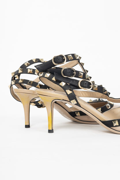 Valentino Garavani Rockstud 65 Poudre & Noir Patent Leather Caged Heels