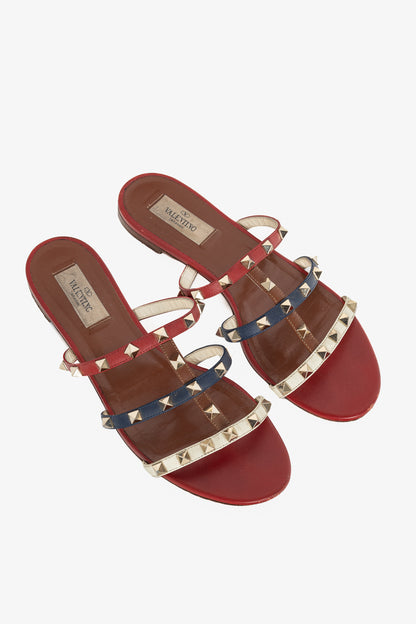 Valentino Garavani Navy, Red & White Rockstud Flat Mule Sandals