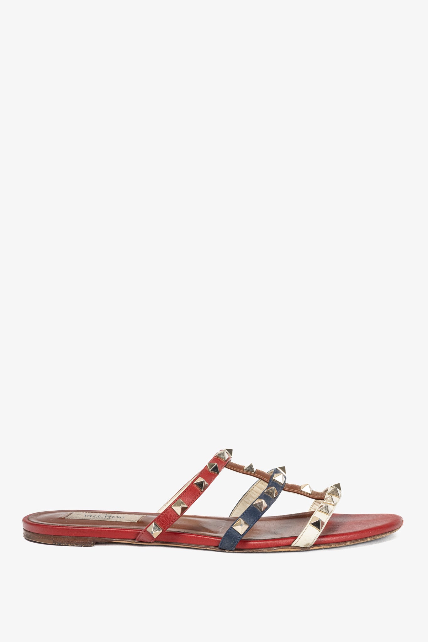 Valentino Garavani Navy, Red & White Rockstud Flat Mule Sandals