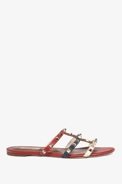 Valentino Garavani Navy, Red & White Rockstud Flat Mule Sandals